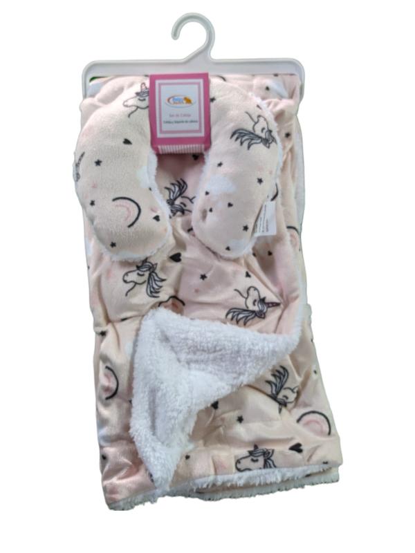 Baby Basics Cobija y Soporte de Cabeza Rosada Estampado Unicornio.